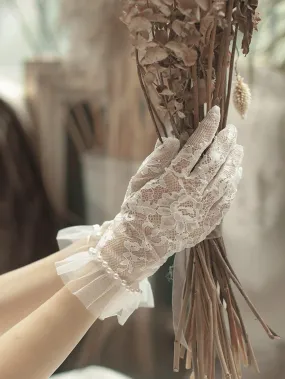 1pair Women Geometric Faux Pearl Decor Ruffle Trim Elegant Bridal Gloves For Wedding Party