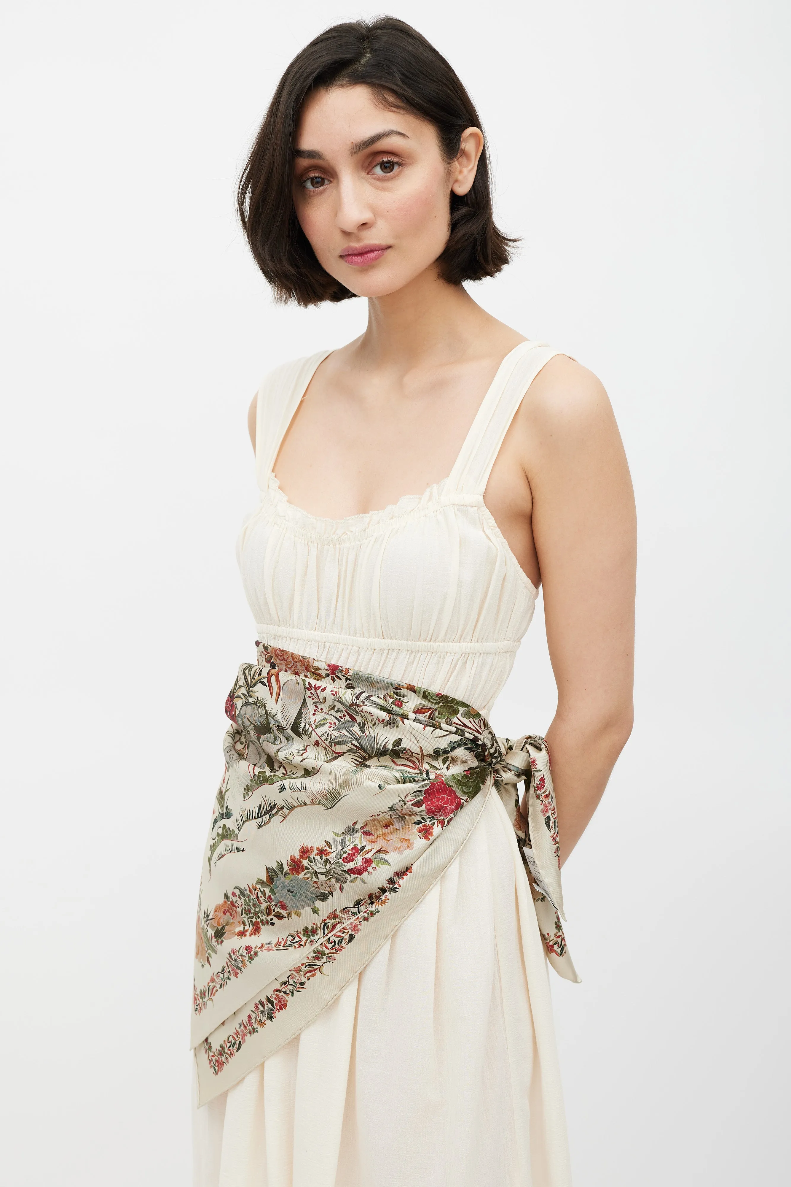 Beige & Multicolour Floral Silk Scarf