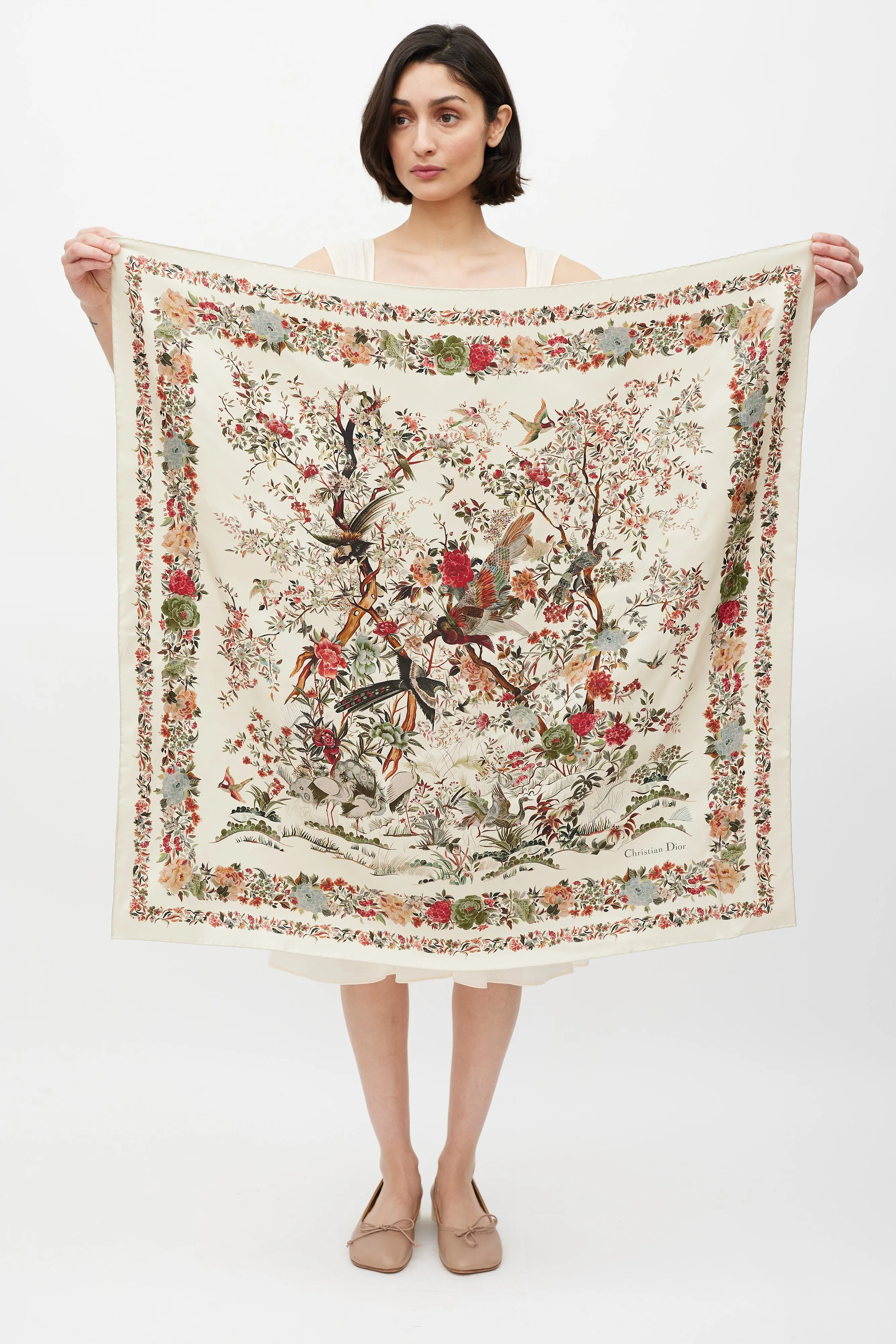 Beige & Multicolour Floral Silk Scarf