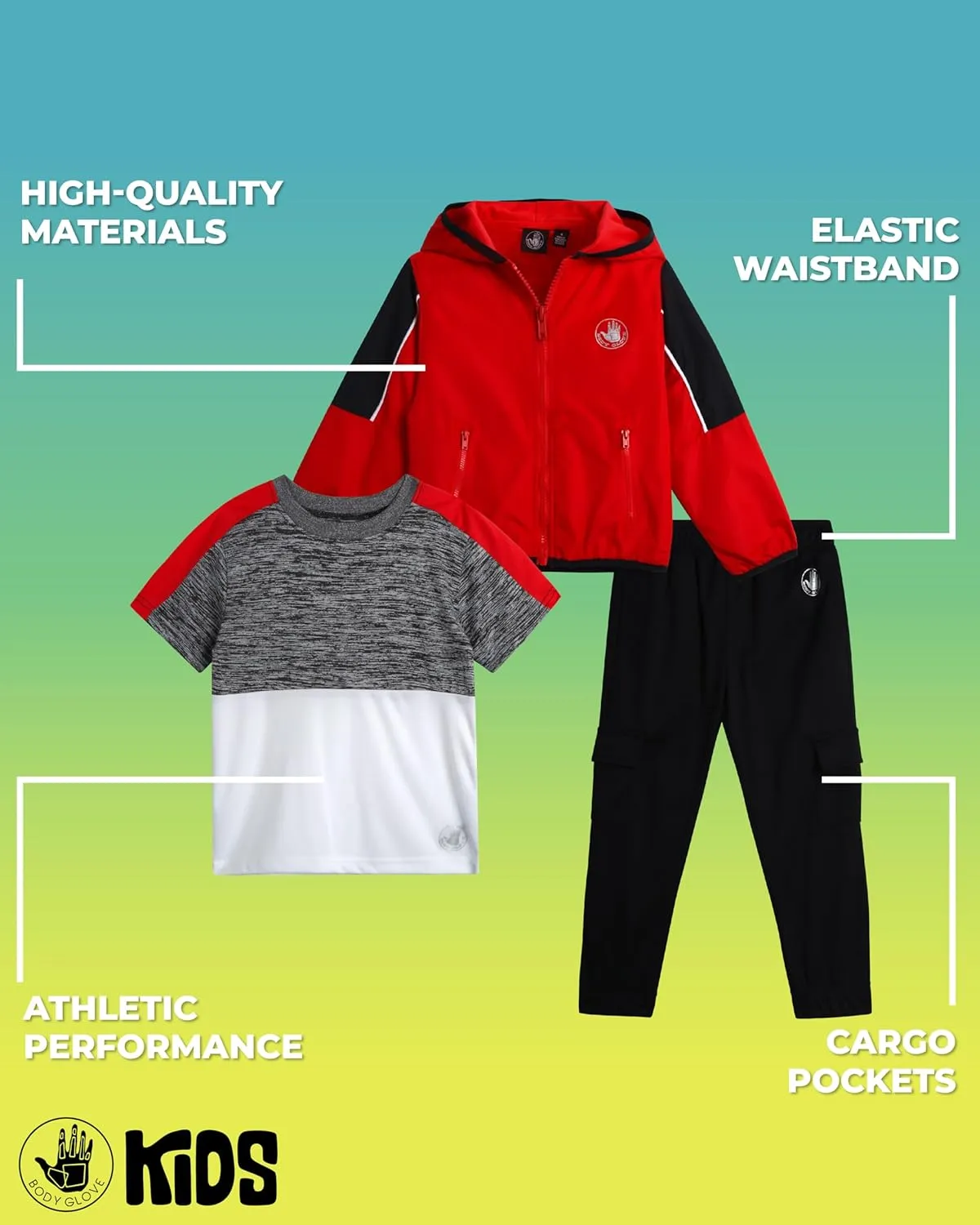 Body Glove Boys' Tracksuit Set - 3 Piece Windbreaker Jacket, Tricot Cargo Jogger Sweatpants, and Performance T-Shirt (2T-7)