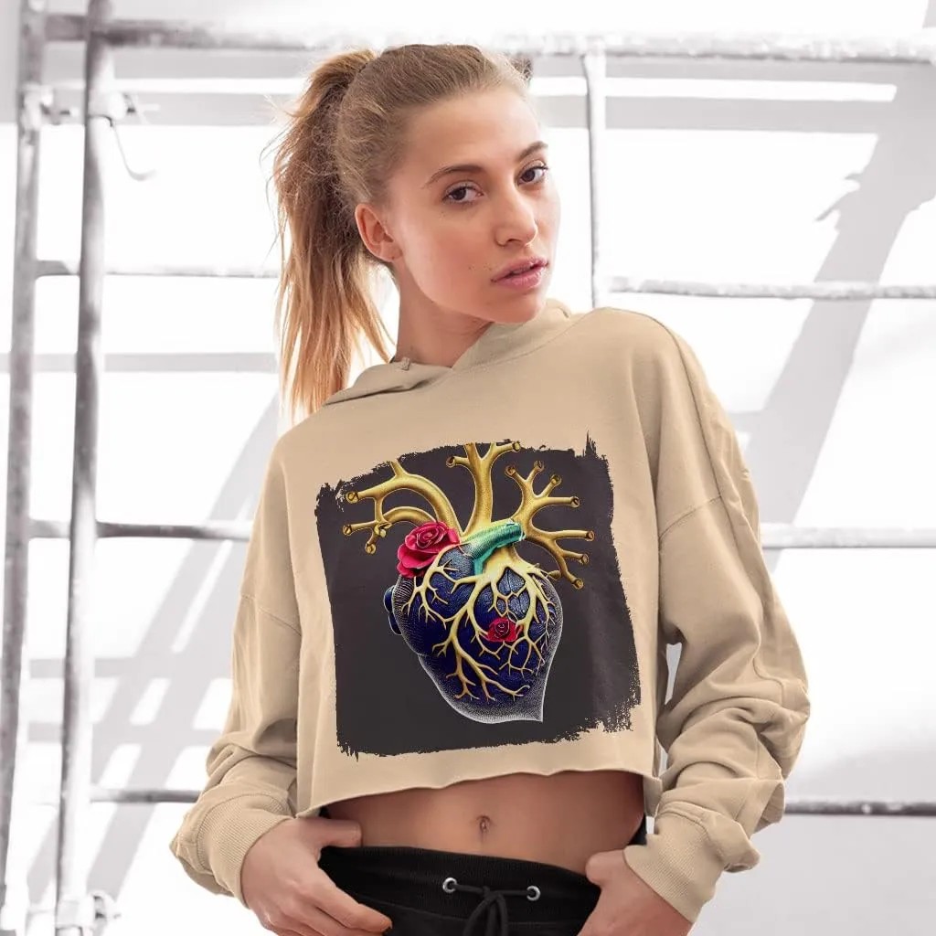 Botanical Flower Women's Cropped Fleece Hoodie - Heart Cropped Hoodie for Women - Floral Hooded Sweatshirt