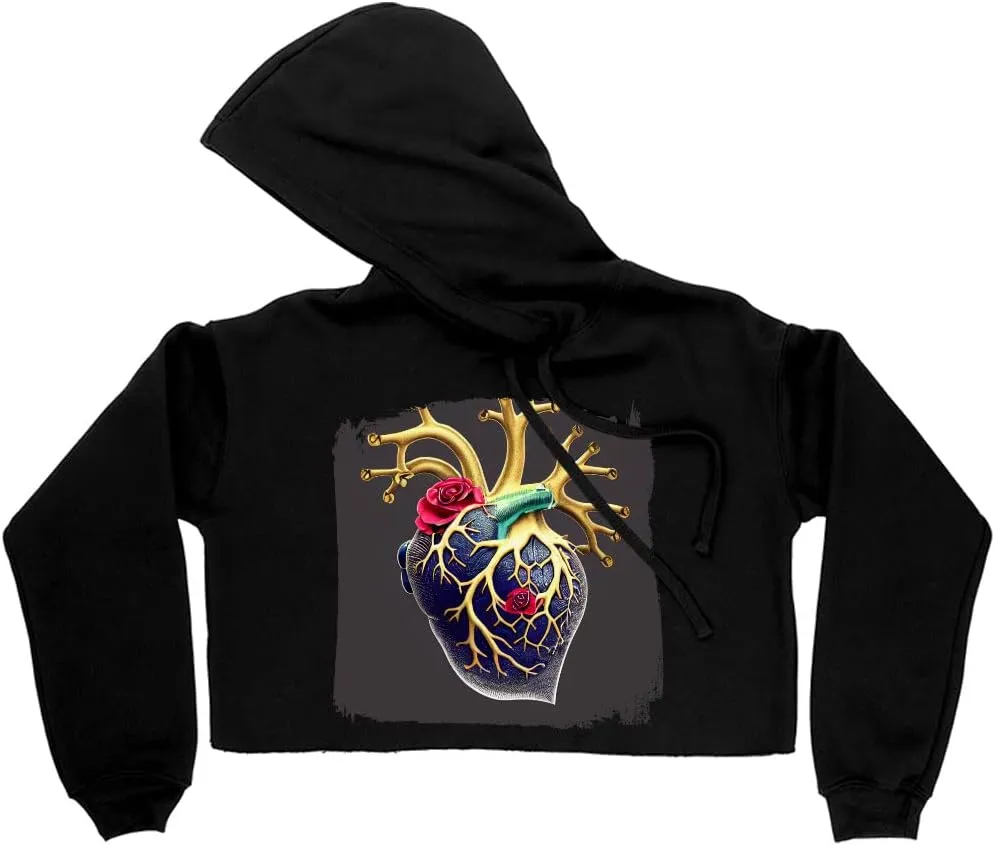 Botanical Flower Women's Cropped Fleece Hoodie - Heart Cropped Hoodie for Women - Floral Hooded Sweatshirt