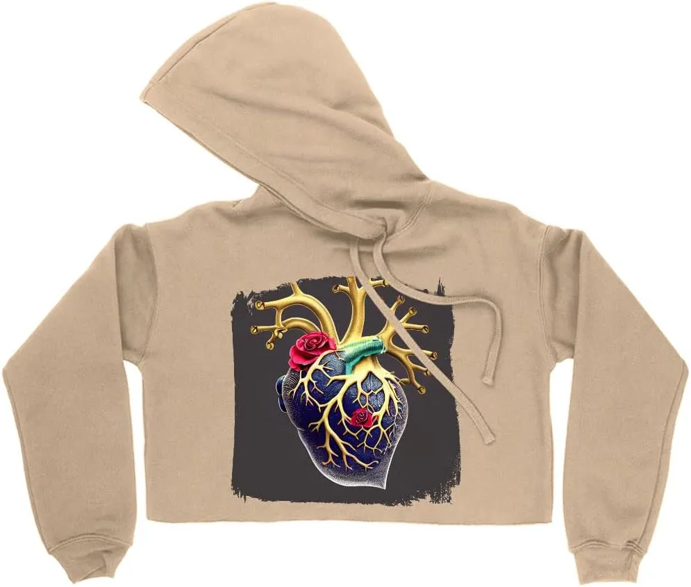 Botanical Flower Women's Cropped Fleece Hoodie - Heart Cropped Hoodie for Women - Floral Hooded Sweatshirt