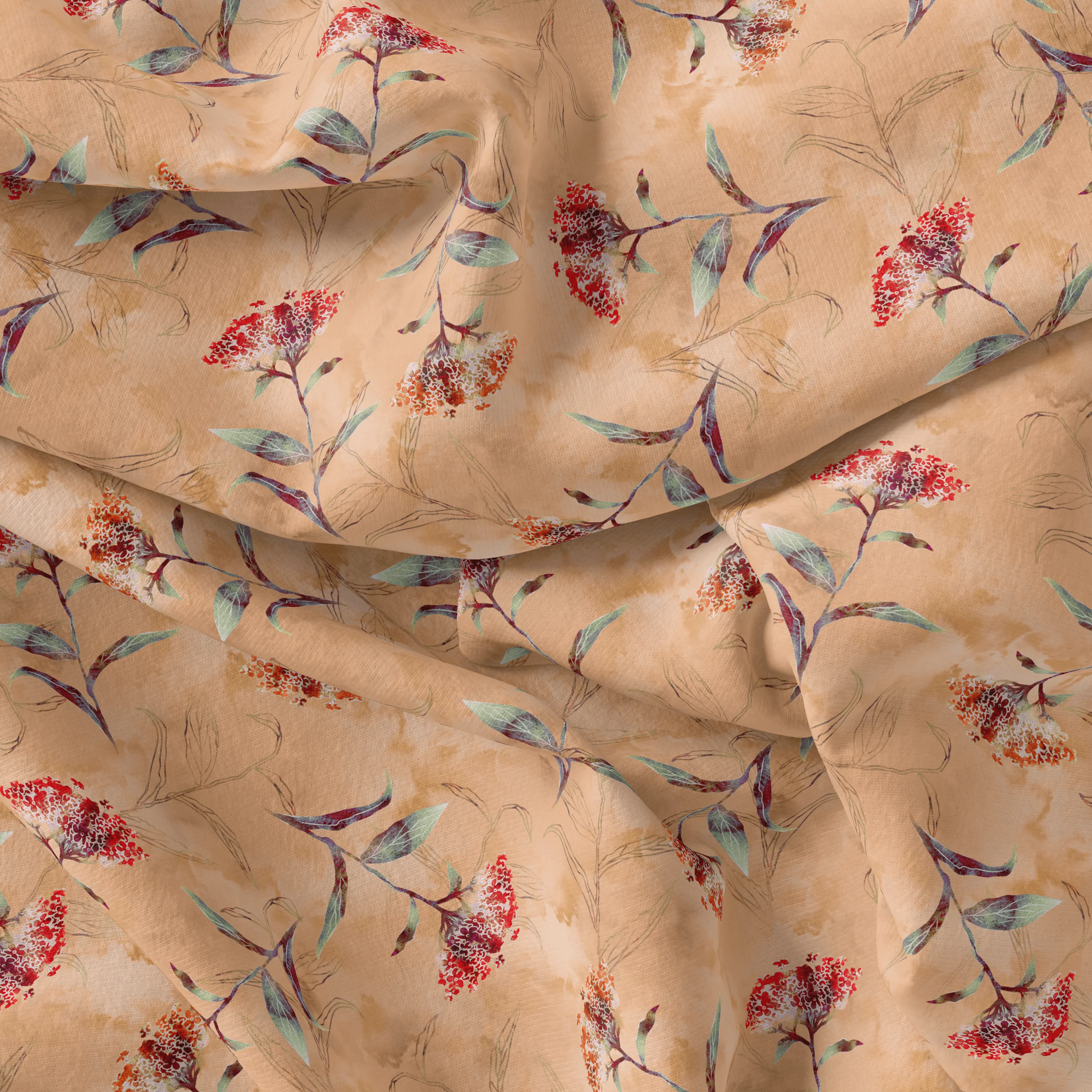 Botanical Red And Orange Floral Flower Digital Printed Fabric
