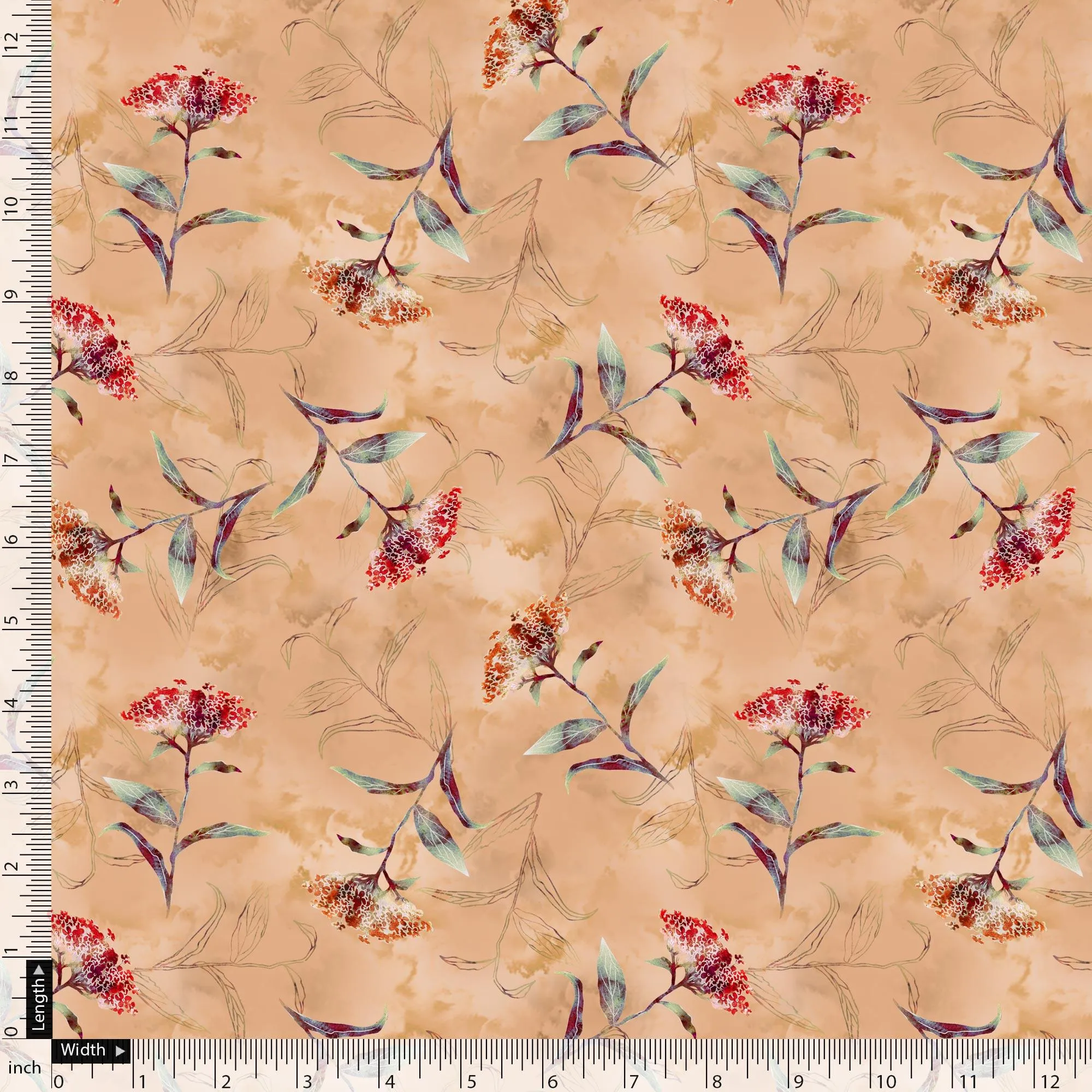 Botanical Red And Orange Floral Flower Digital Printed Fabric