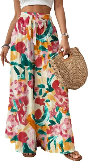 Bsubseach Wide Leg Pants Woman Flowy Floral Palazzo Pants for Women High Waisted Summer Casual Trousers Cruise Outfits Dark Red