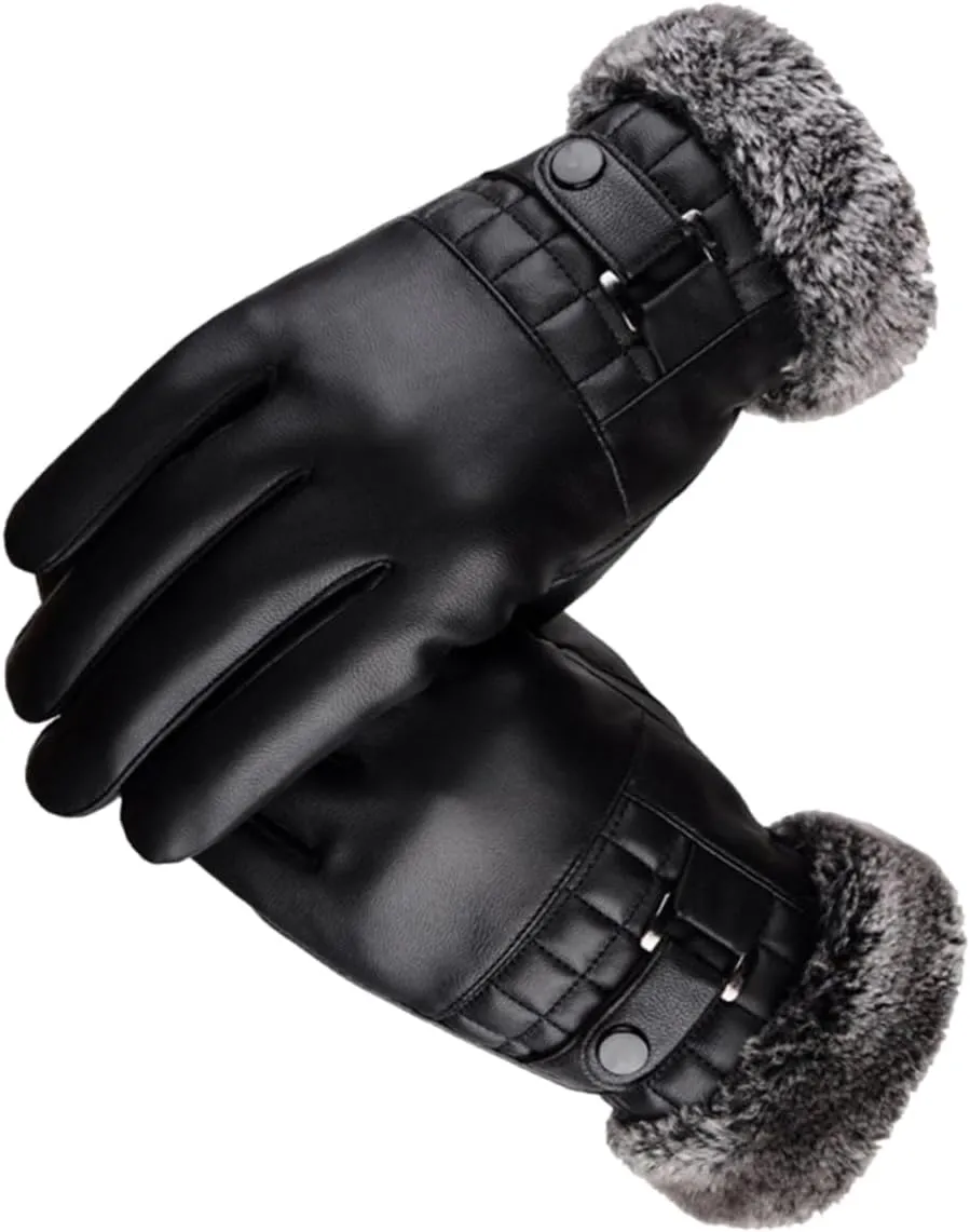 Creative Touch Screen PU Gloves Warm Windproof for Men for Driving Cycling and Outdoor Activities Black
