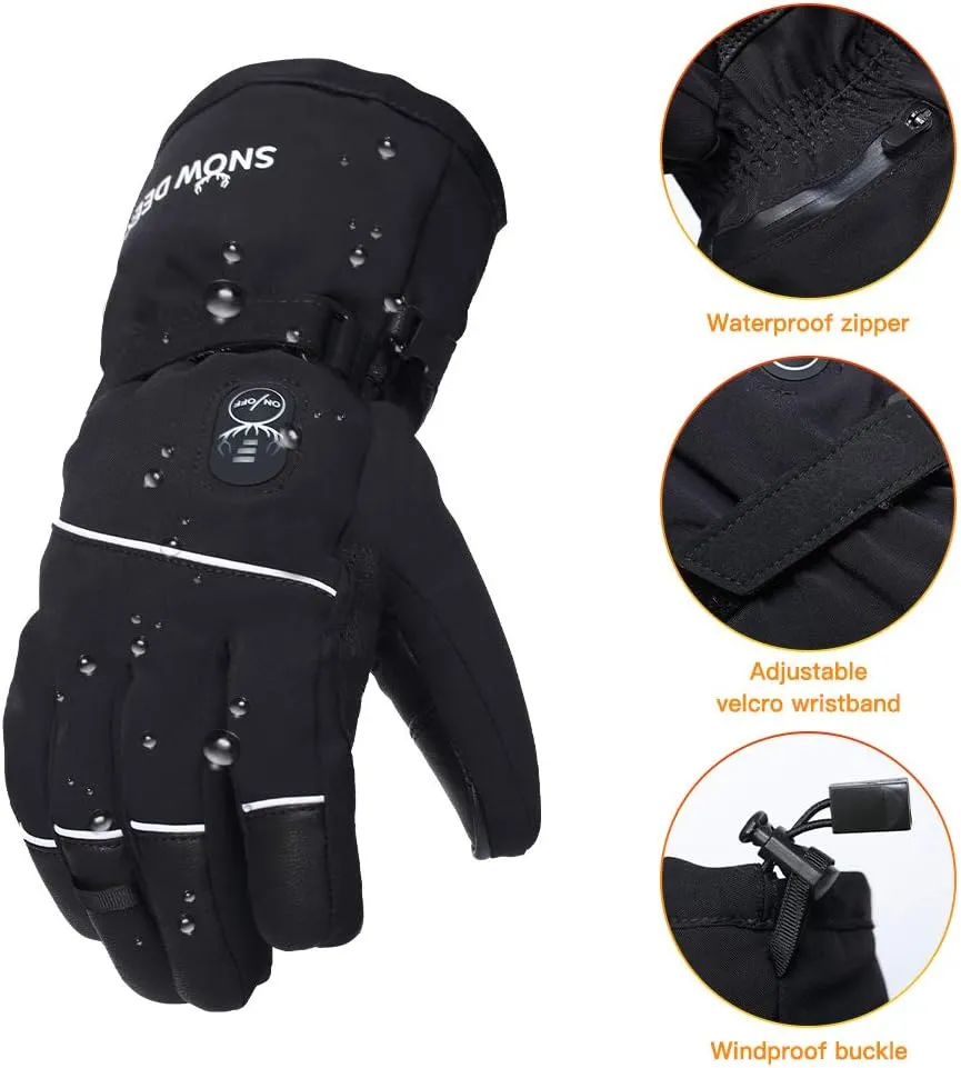 Electric Heated Gloves, Waterproof & Windproof Ski Gloves with Rechargeable Battery & Touchscreen - Three Heat Settings for Cold Weather Snowboarding