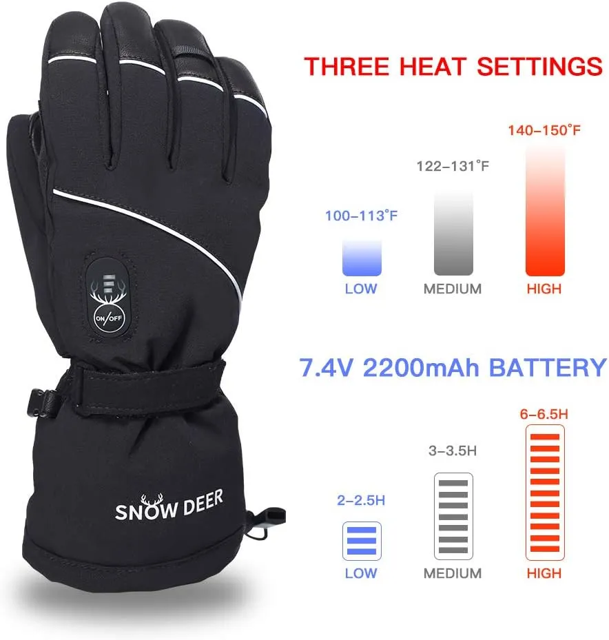 Electric Heated Gloves, Waterproof & Windproof Ski Gloves with Rechargeable Battery & Touchscreen - Three Heat Settings for Cold Weather Snowboarding