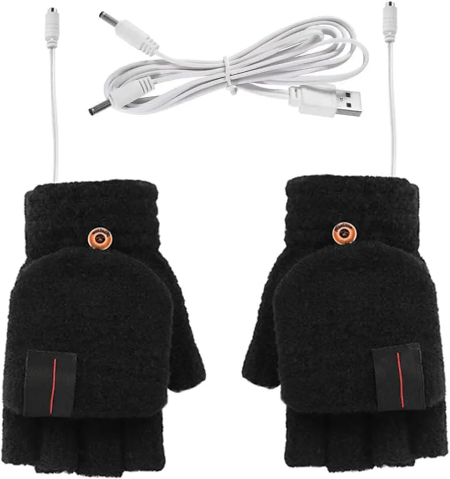 Electric Heated Gloves,Elegant Winter Warm Gloves USB Heated Mitten Winter Warm Laptop Gloves Washable Knitted Gloves Full & Half Hands Heated Gloves for Women Men Girls Boys,Black