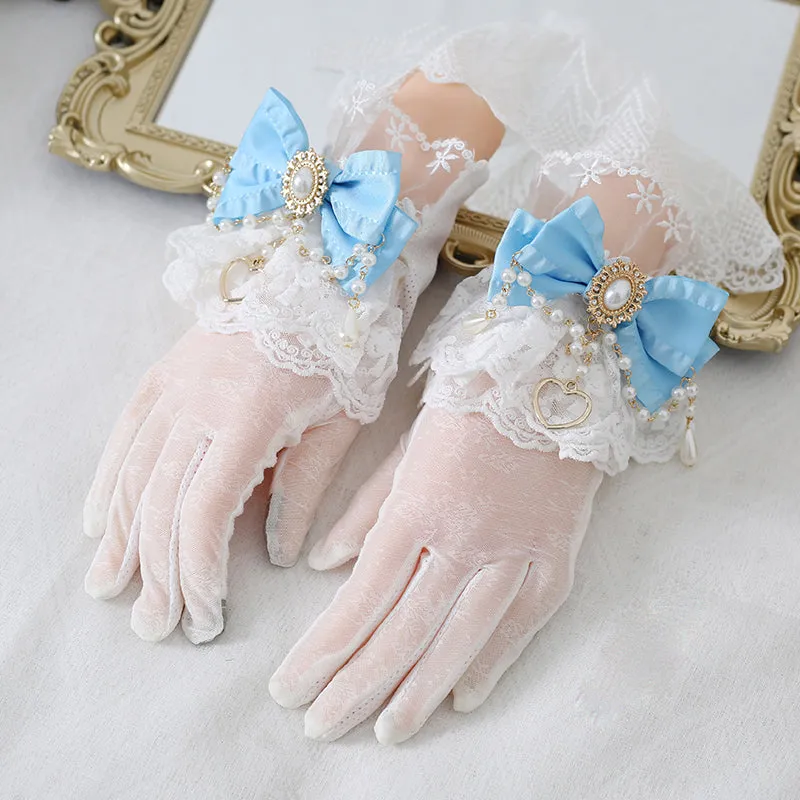 Elegant Pretty Lace Bow Diamond Gemstone Gloves