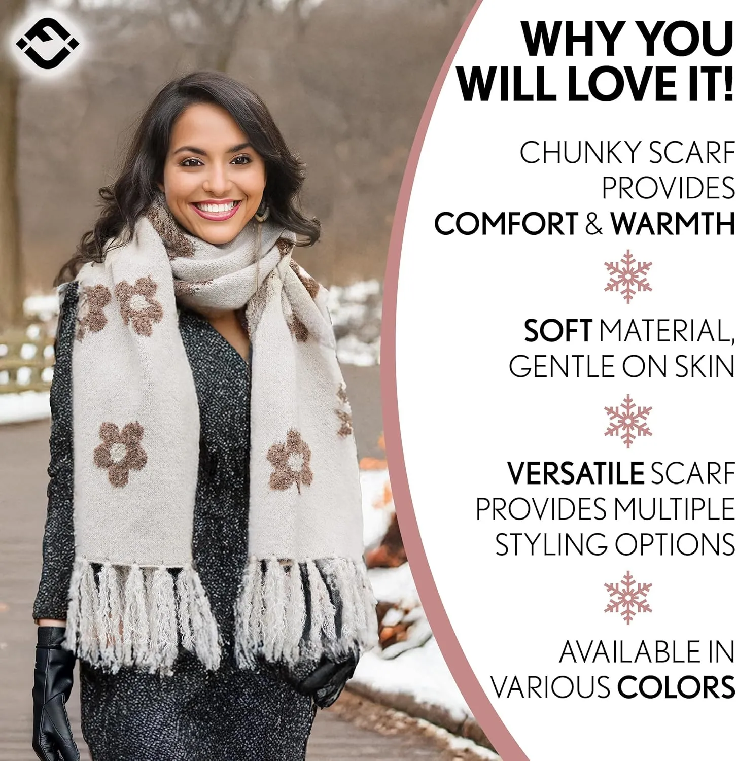 Funky Junque Winter Scarves for Women Daisy Floral Scarf - Mother's Day Gift - Soft Warm Knit