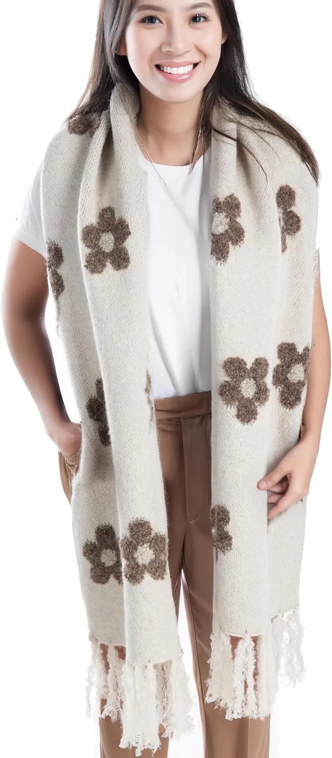 Funky Junque Winter Scarves for Women Daisy Floral Scarf - Mother's Day Gift - Soft Warm Knit