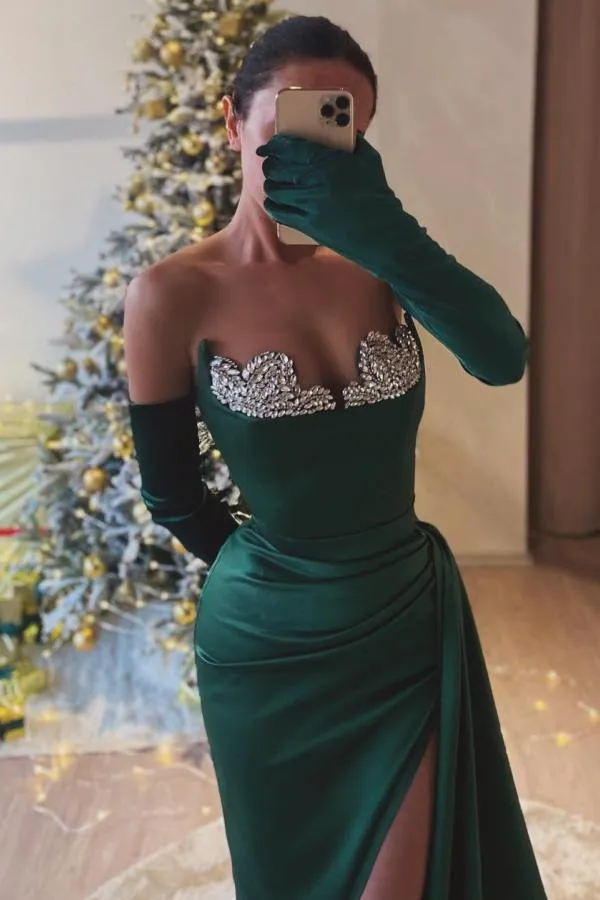 Green Split Front Strapless Long Mermaid Prom Dress with Gloves