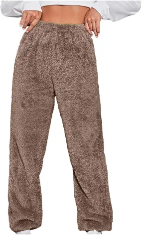 HGps8w Womens Fuzzy Fleece Pajama Pants Solid Color Winter Warm Plush Lounge Sleep Pants High Waist Soft Thick Joggers