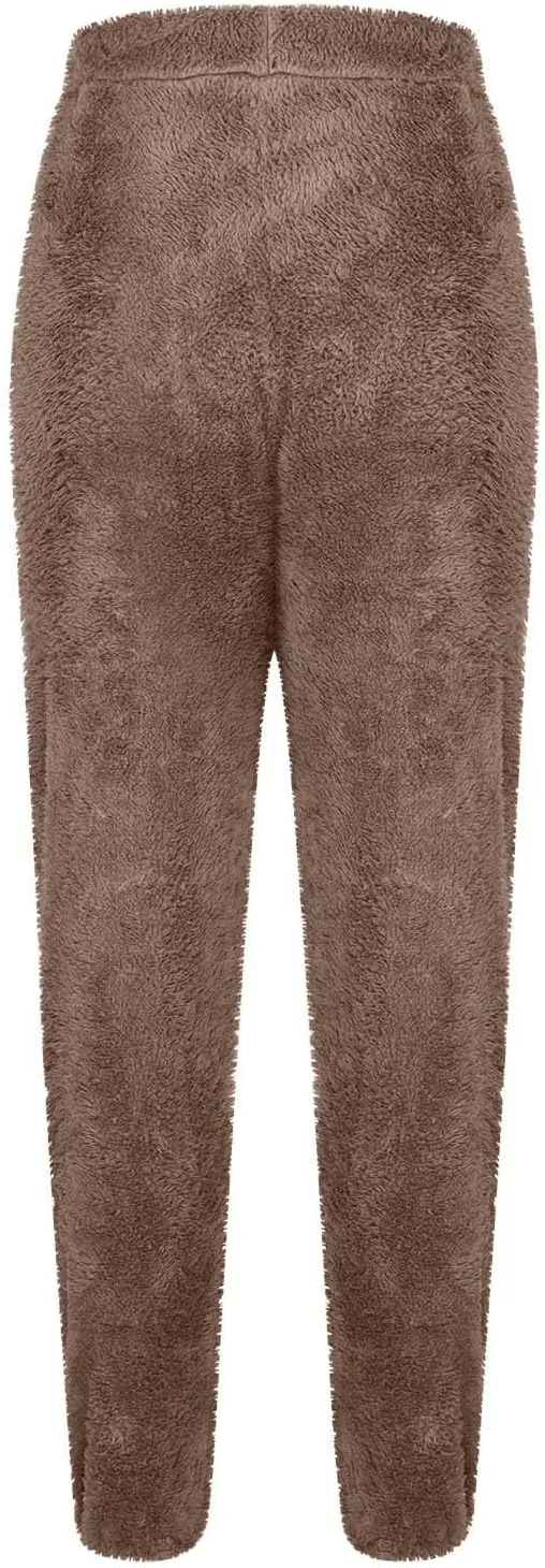 HGps8w Womens Fuzzy Fleece Pajama Pants Solid Color Winter Warm Plush Lounge Sleep Pants High Waist Soft Thick Joggers