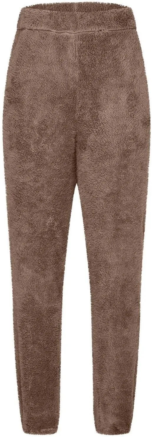 HGps8w Womens Fuzzy Fleece Pajama Pants Solid Color Winter Warm Plush Lounge Sleep Pants High Waist Soft Thick Joggers