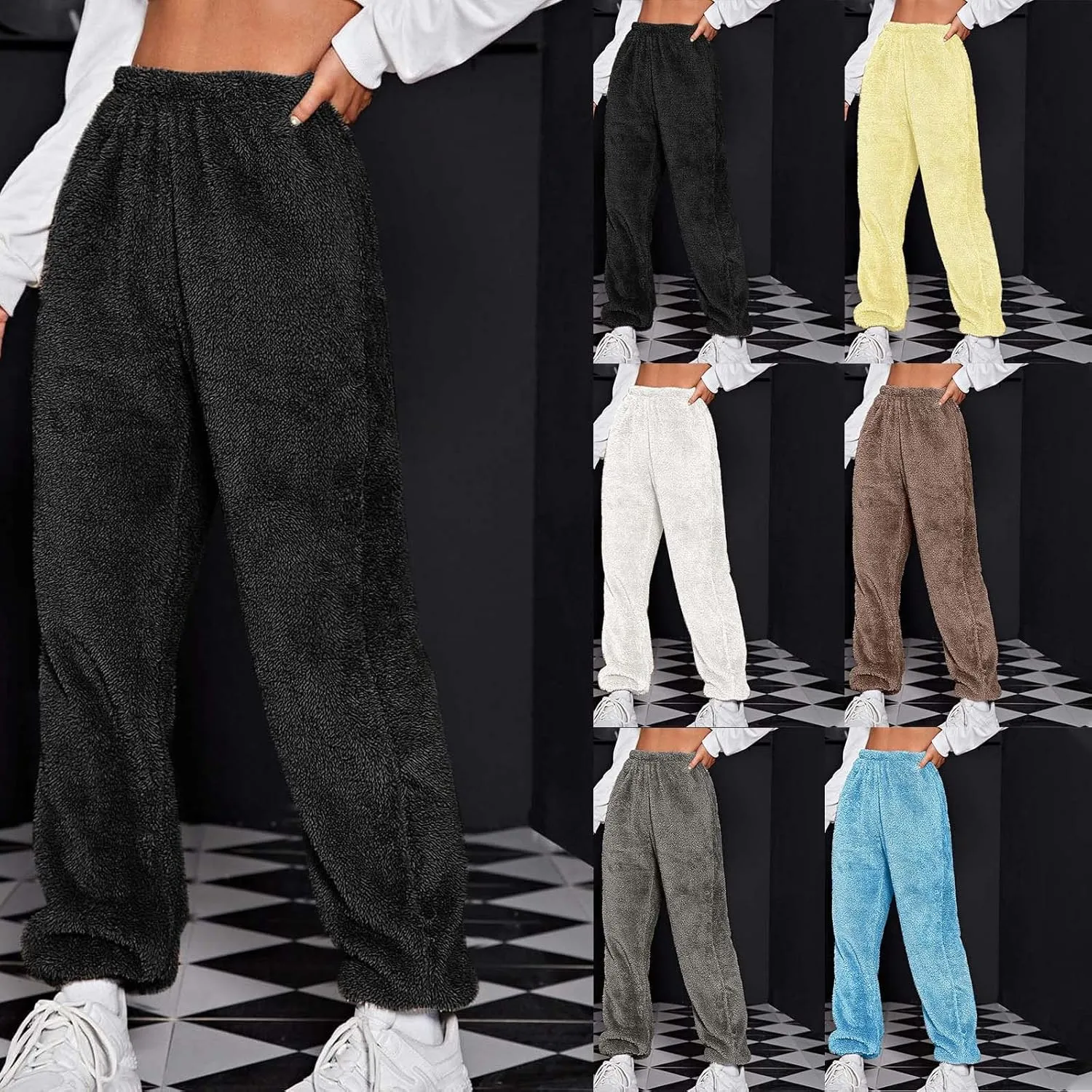 HGps8w Womens Fuzzy Fleece Pajama Pants Solid Color Winter Warm Plush Lounge Sleep Pants High Waist Soft Thick Joggers