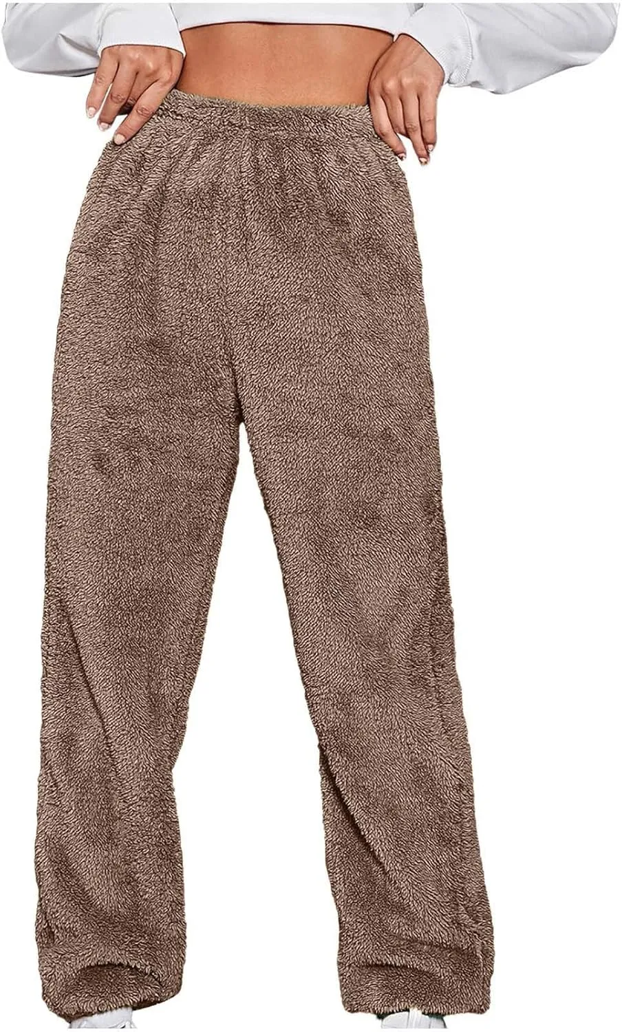 HGps8w Womens Fuzzy Fleece Pajama Pants Solid Color Winter Warm Plush Lounge Sleep Pants High Waist Soft Thick Joggers