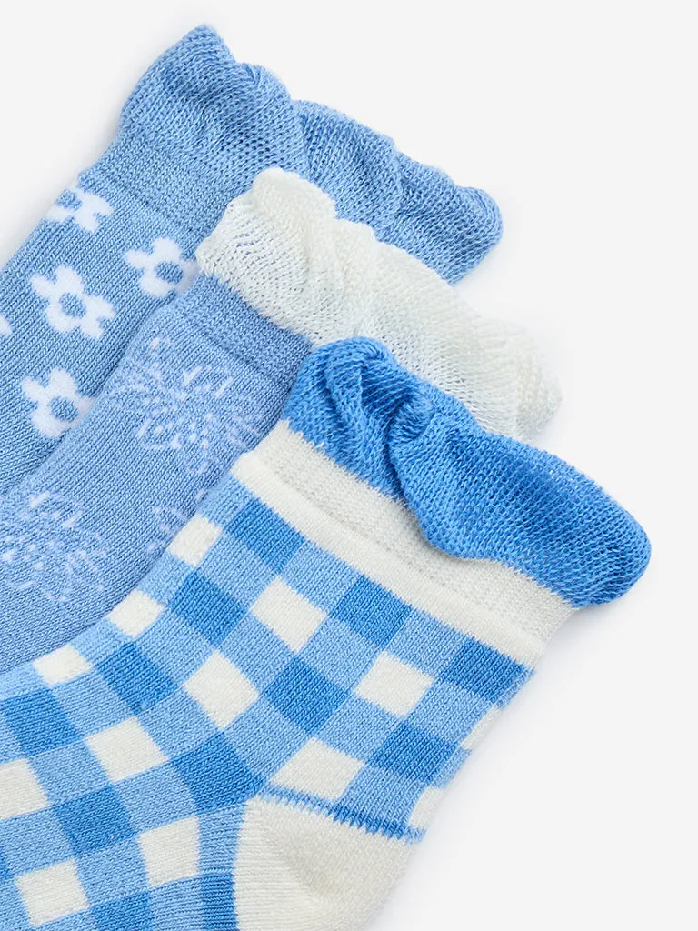 HOP Kids Blue Printed Cotton-Blend Socks - Pack of 3