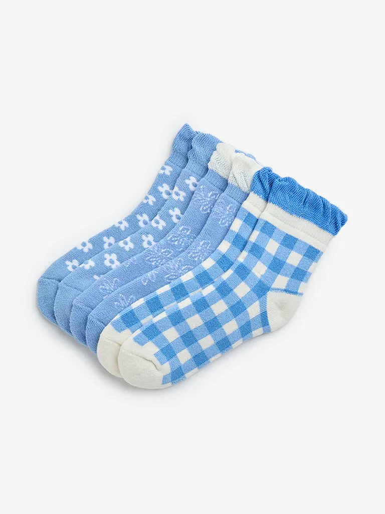 HOP Kids Blue Printed Cotton-Blend Socks - Pack of 3