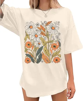Jinluth Womens Oversized Boho Wildflower Graphic Tee Shirts Vintage Floral Printed Tshirts Cute Flower Plant Tops