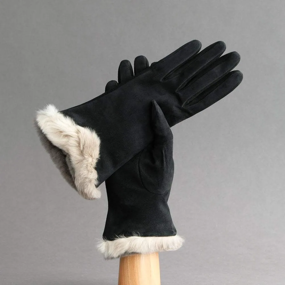 Ladies Gloves from Black Goatskin with Orylag Cuffs