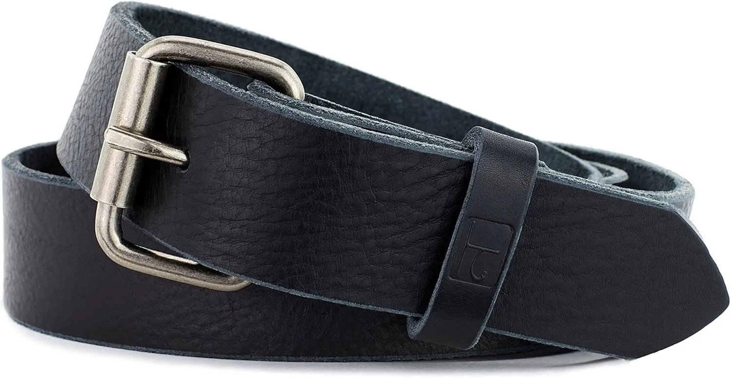 Mens Black Leather Belt Soft handmade in America with genuine premium grade leather. 1.5 inch wide 38 inch waist with Roller Antique Buckle