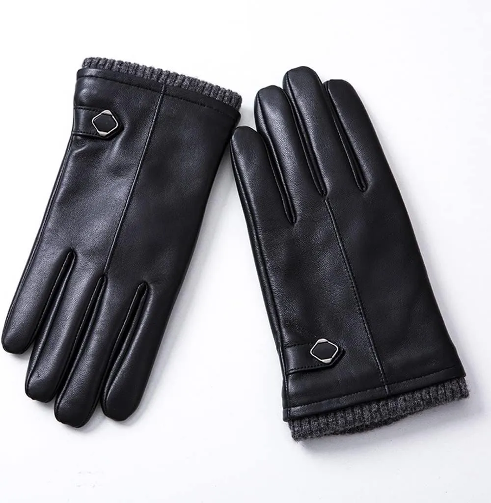 Men's Leather Gloves Plus Velvet Leather Gloves Outdoor Driving Riding Black