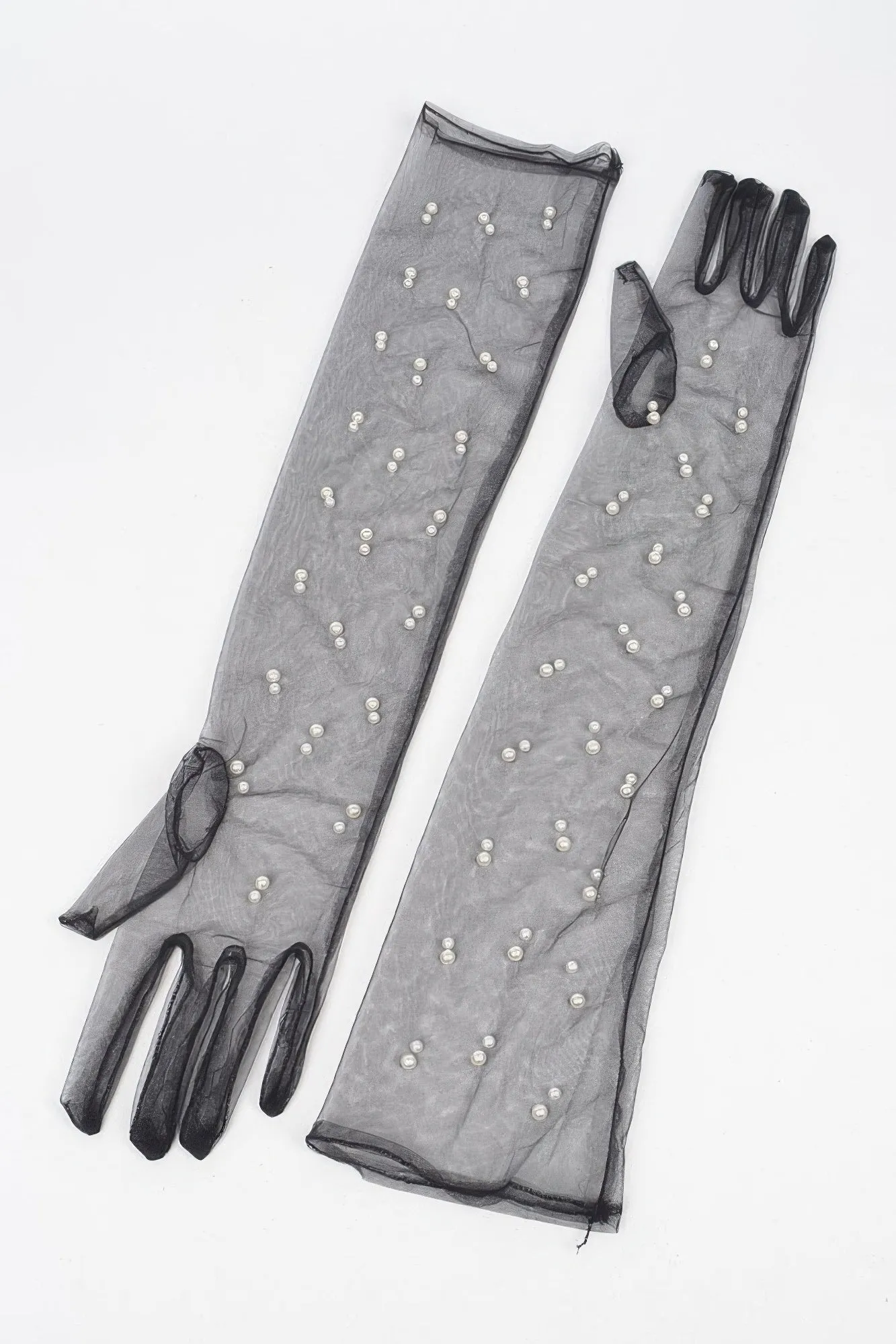Mesh Long Gloves with Pearl details