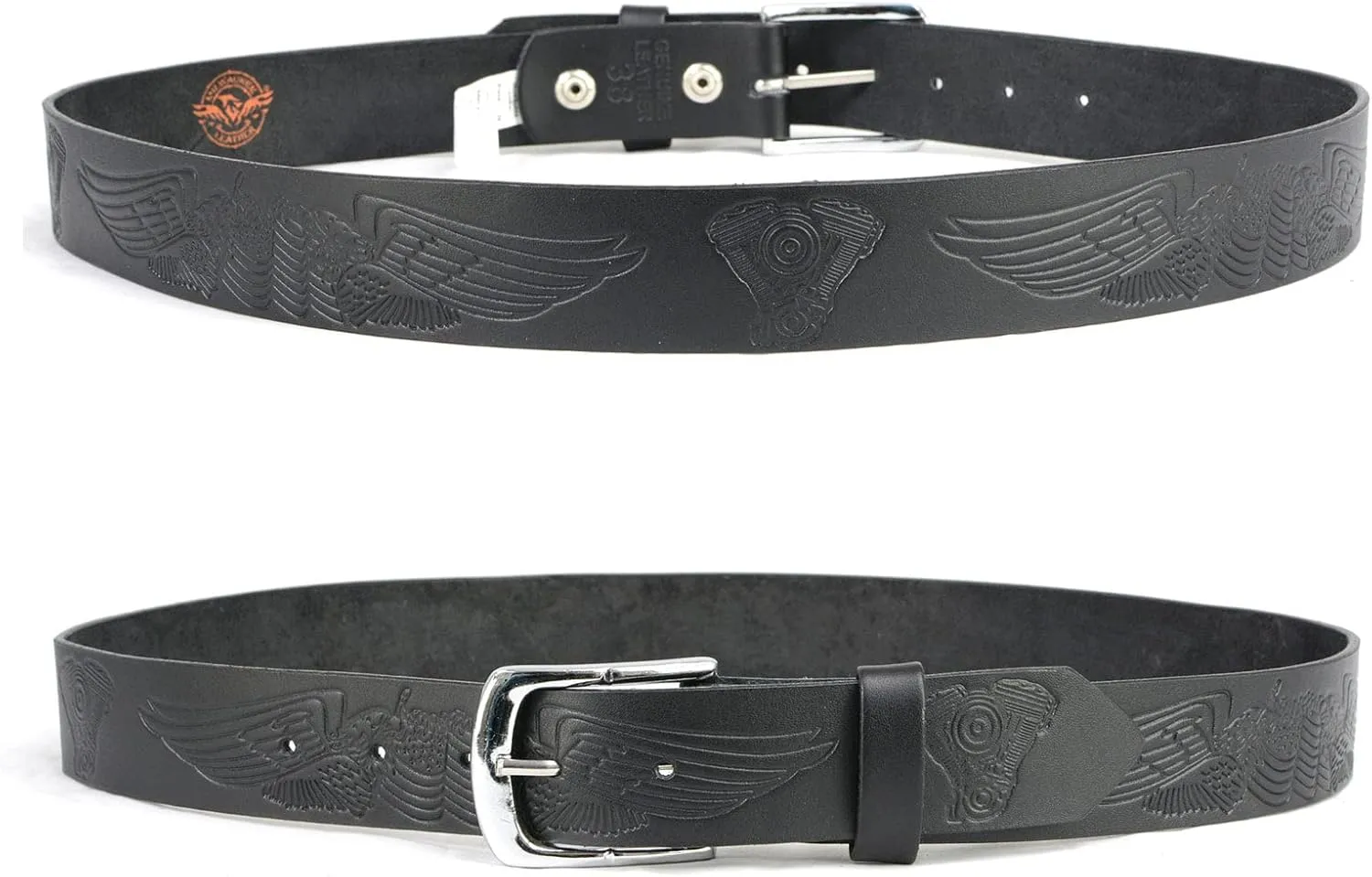 Milwaukee Leather MP7122 Men's Engine Block & Wings - Black Leather Belt w/Interchangeable Buckle - 1.5 inches Wide