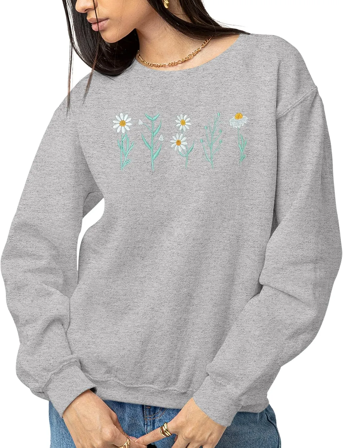 NACRE APPAREL Daisy Lover Embroidered Sweatshirt Wildflowers Crewneck Flower Embroidery Botanical Plant