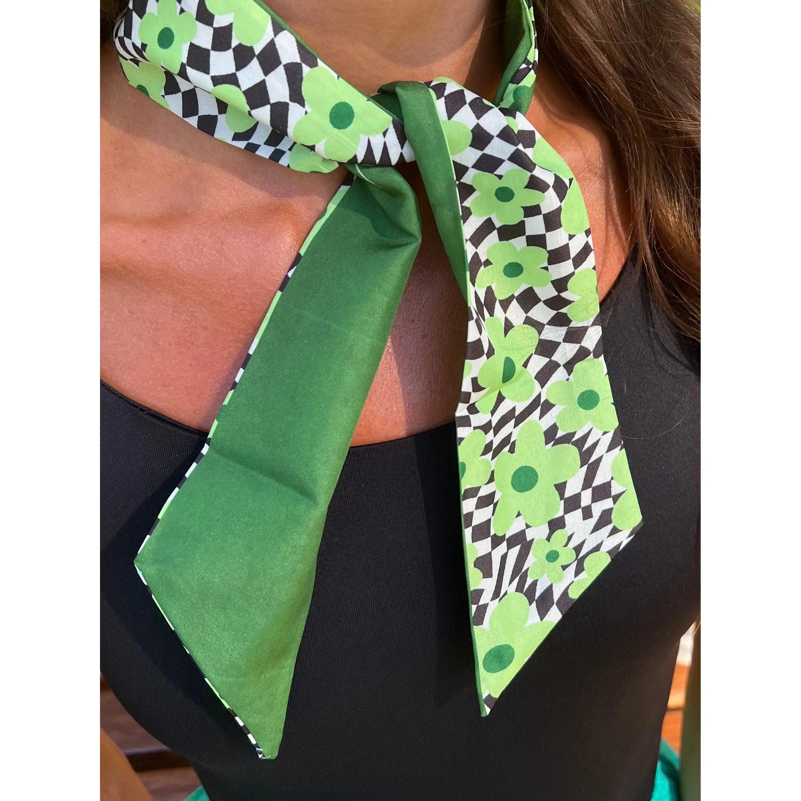 Neck Tie - Hair Band -  Green Floral Retro