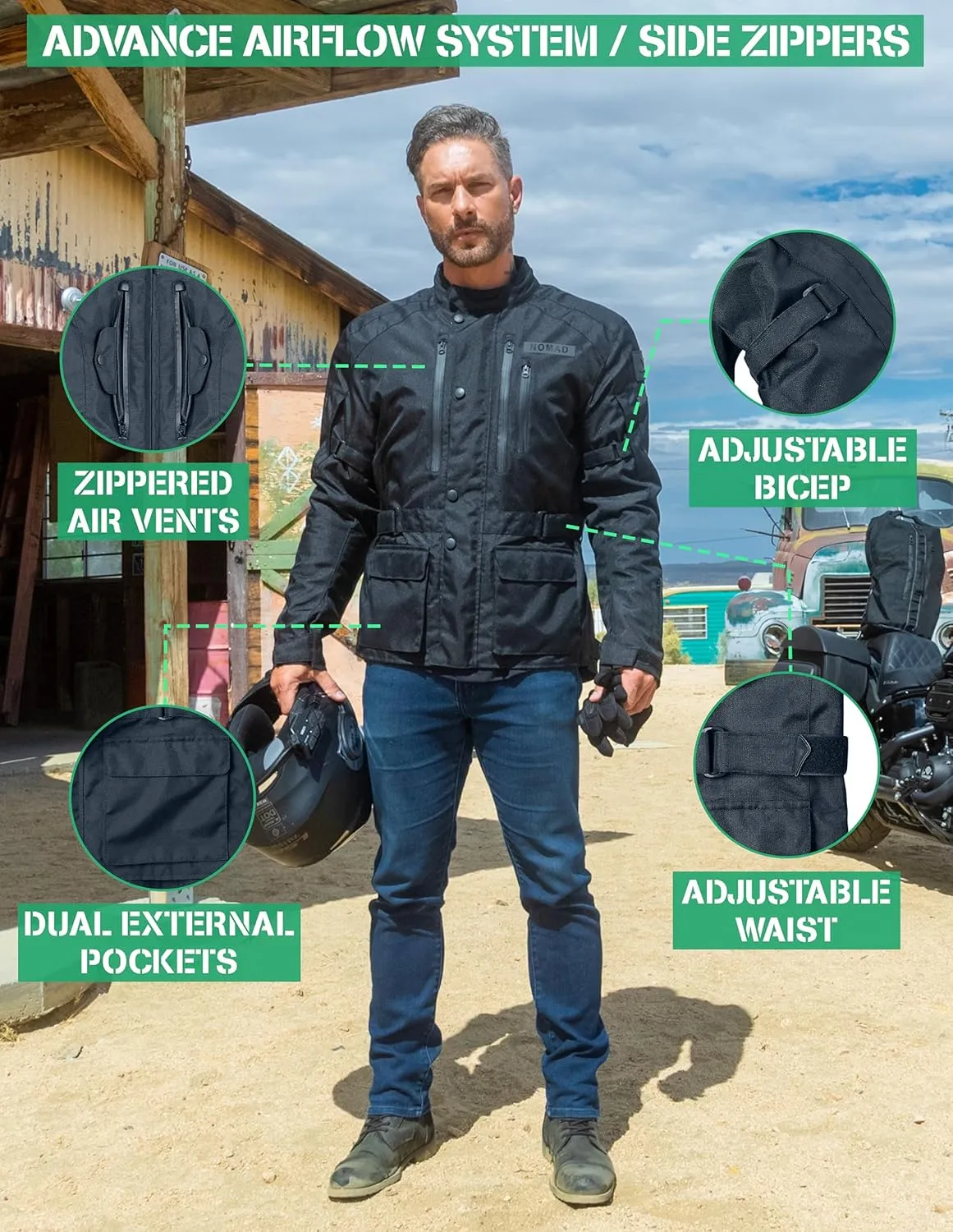 Nomad Touring Adventure Motorcycle Jacket for Men Biker Enduro 4-Season Riding Textile Adventure Jacket with Armor Protection