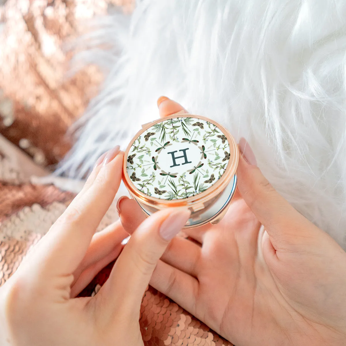 Personalised Botanical Initial Rose Gold Compact Mirror