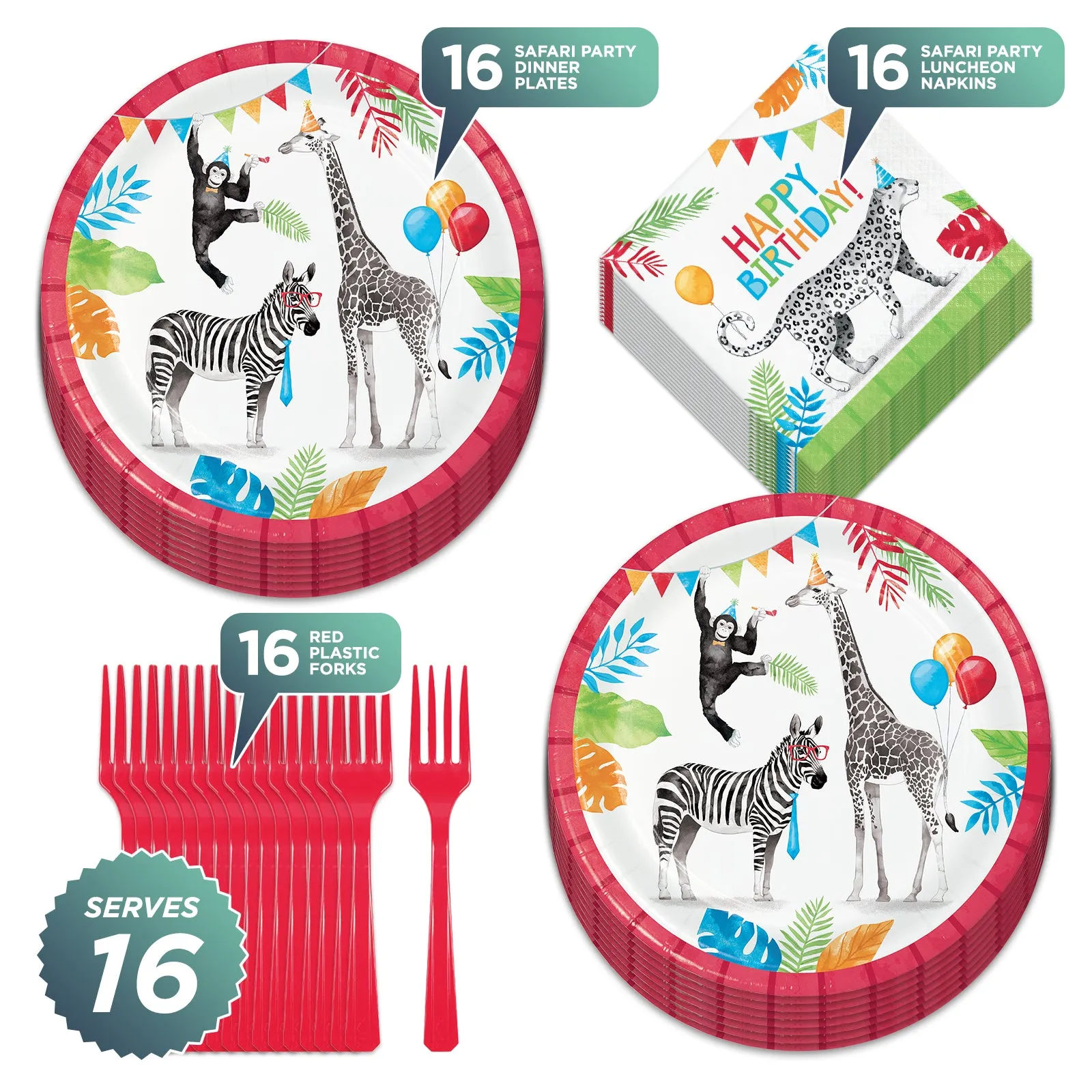 Safari Party Animal Paper Dinner Plates, Luncheon Napkins, and Cups (Serves 16)