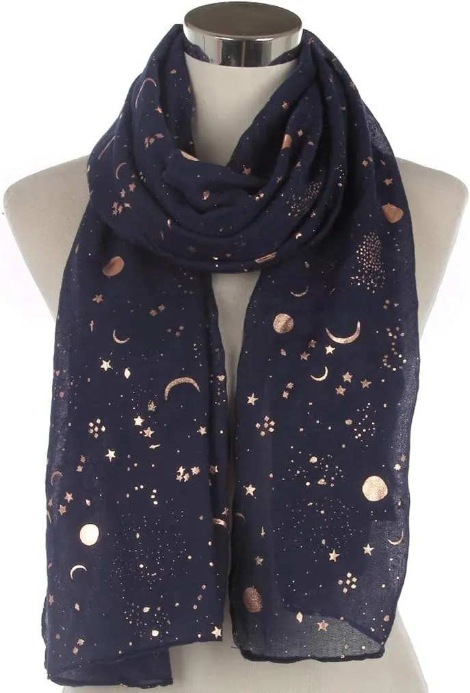 Silk Scarf For Women Hair Womens Scarves Winter Women Fashion Star Moon Foil Printed Scarf Wrap Silk Shawl Travel