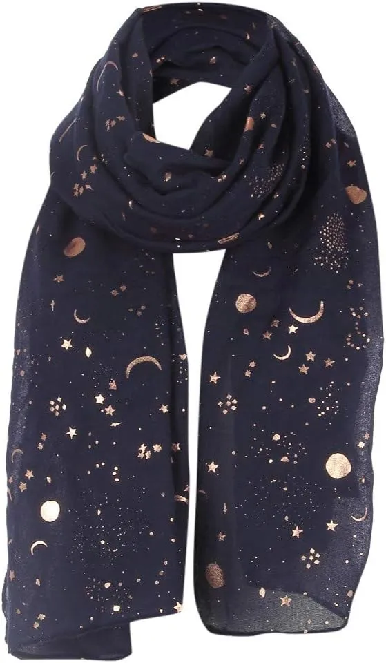 Silk Scarf For Women Hair Womens Scarves Winter Women Fashion Star Moon Foil Printed Scarf Wrap Silk Shawl Travel