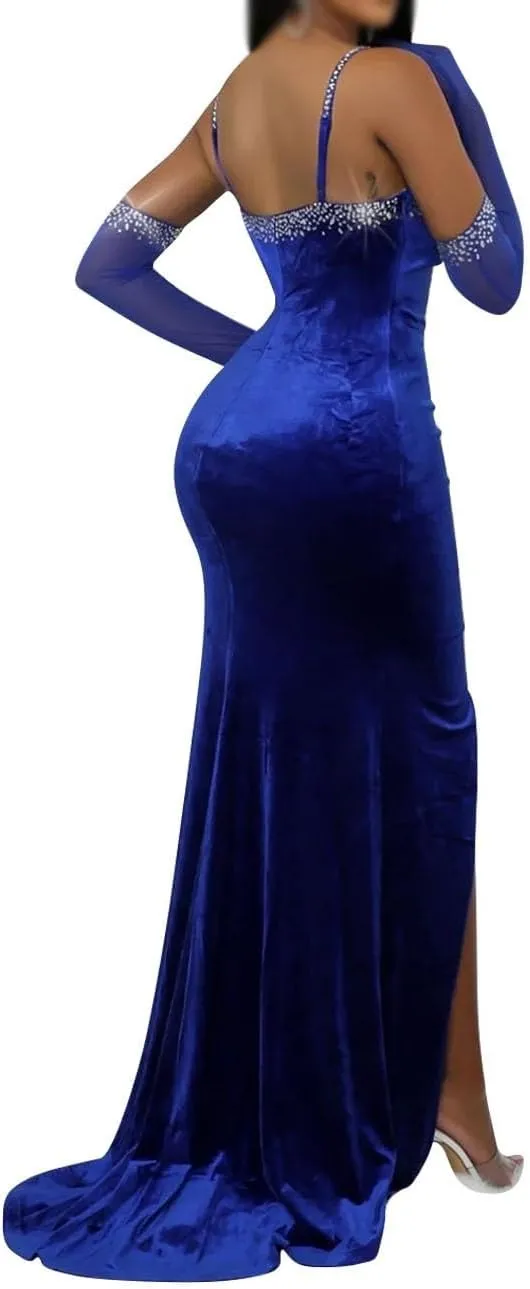 Spaghetti Straps High Slit Bodycon Dress for Women Sexy Rhinestone Maxi Evening Gown Velvet Long Dresses with Gloves