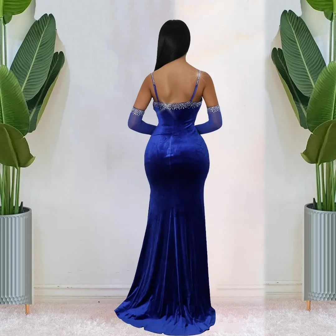 Spaghetti Straps High Slit Bodycon Dress for Women Sexy Rhinestone Maxi Evening Gown Velvet Long Dresses with Gloves