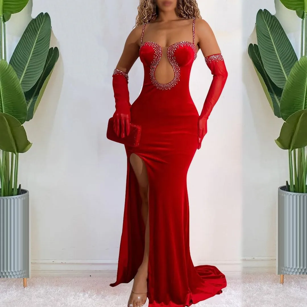 Spaghetti Straps High Slit Bodycon Dress for Women Sexy Rhinestone Maxi Evening Gown Velvet Long Dresses with Gloves