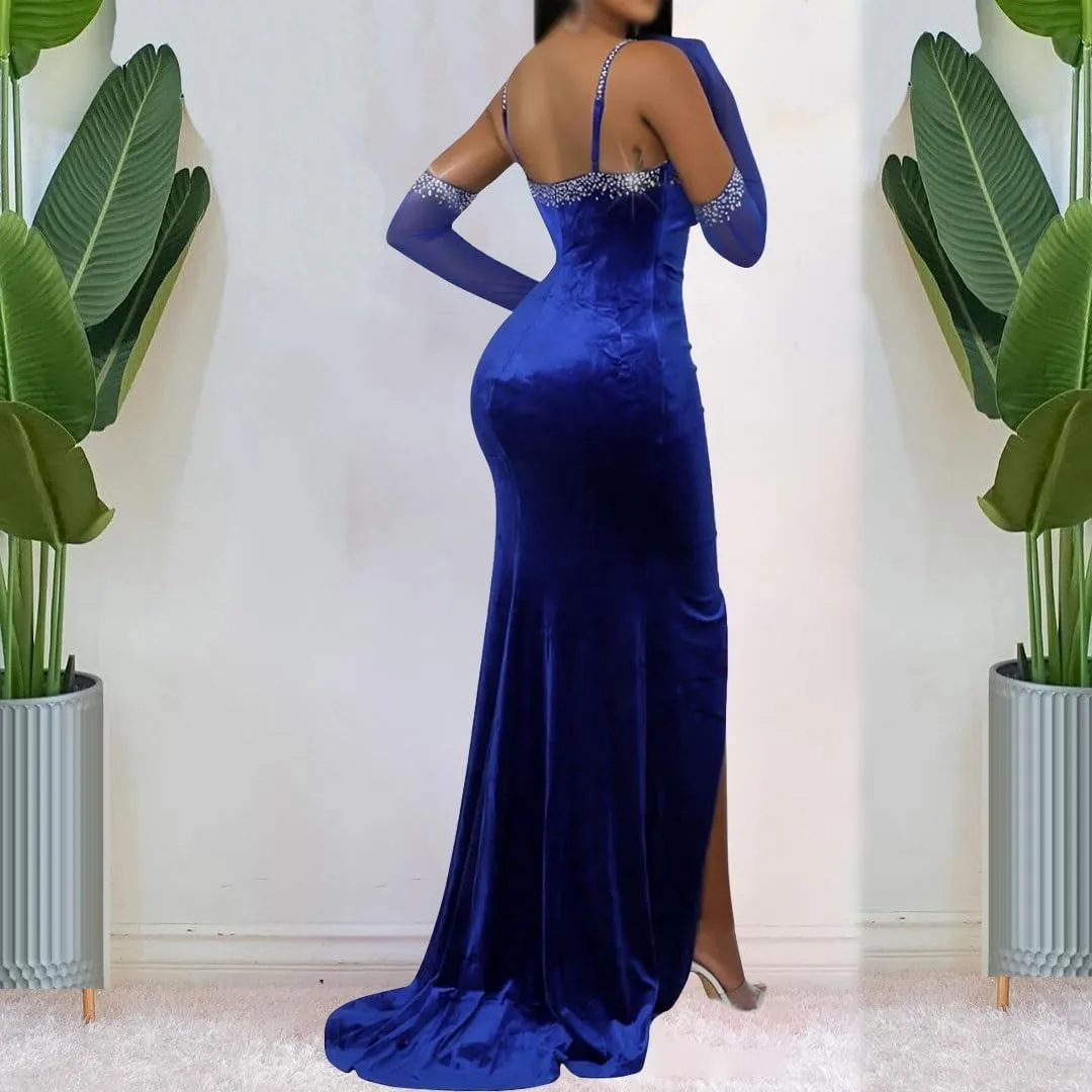 Spaghetti Straps High Slit Bodycon Dress for Women Sexy Rhinestone Maxi Evening Gown Velvet Long Dresses with Gloves