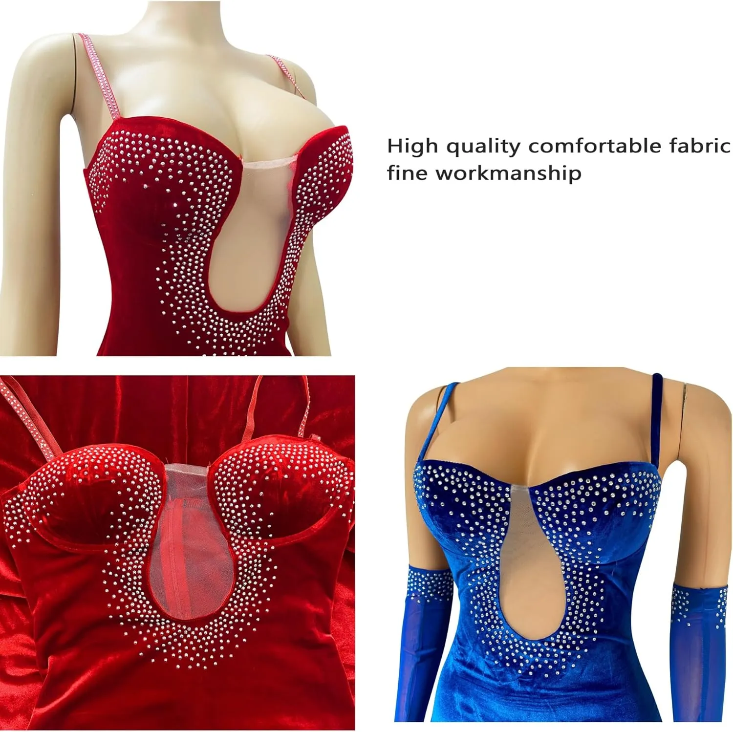 Spaghetti Straps High Slit Bodycon Dress for Women Sexy Rhinestone Maxi Evening Gown Velvet Long Dresses with Gloves