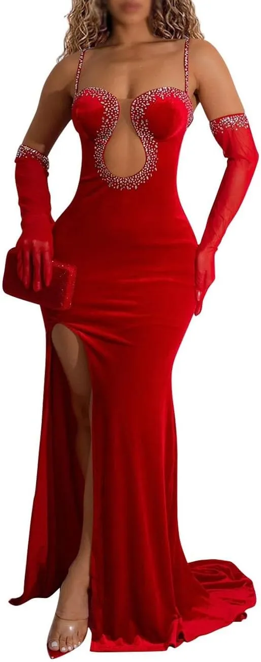 Spaghetti Straps High Slit Bodycon Dress for Women Sexy Rhinestone Maxi Evening Gown Velvet Long Dresses with Gloves