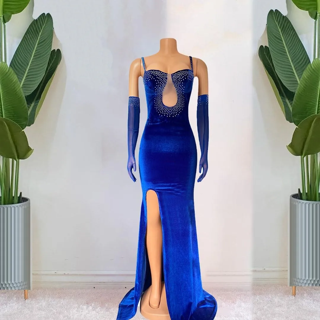 Spaghetti Straps High Slit Bodycon Dress for Women Sexy Rhinestone Maxi Evening Gown Velvet Long Dresses with Gloves