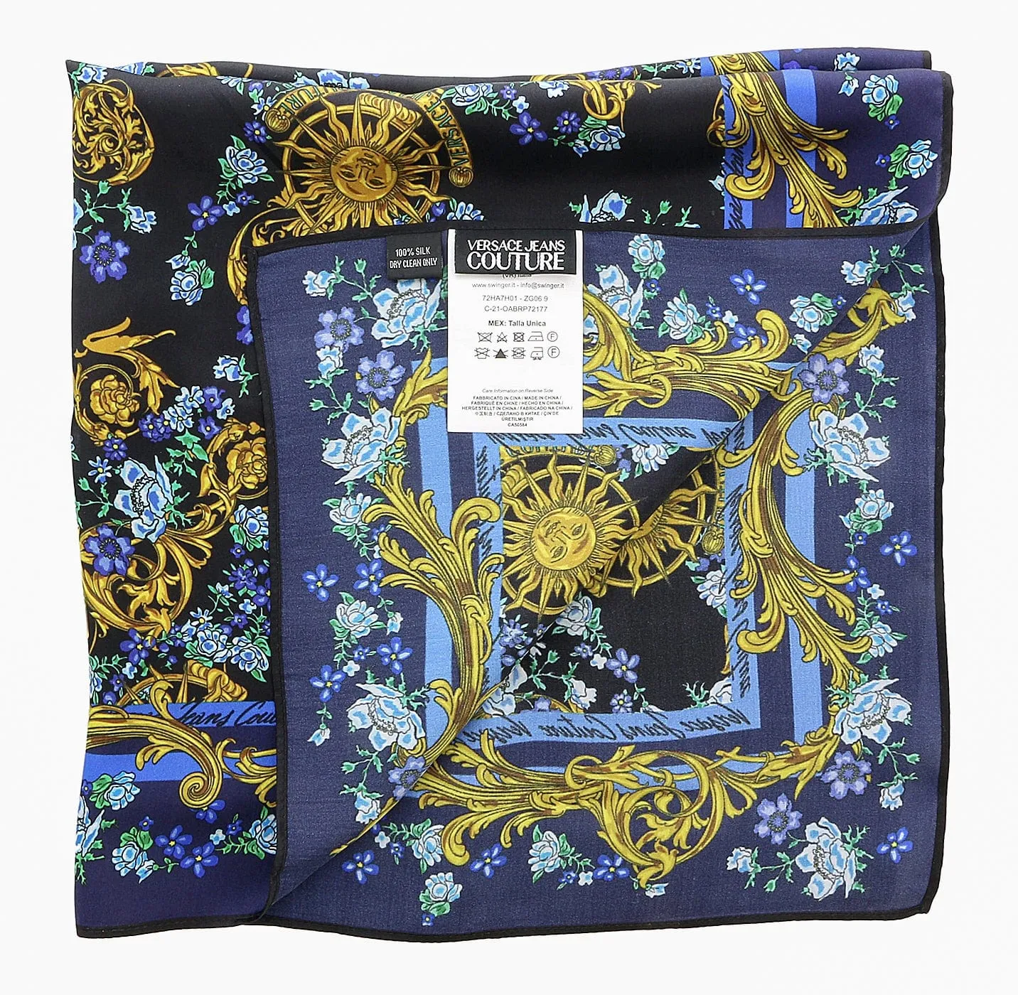 Versace Jeans Couture Fantasy Floral Print Black/Blue Pure Silk Scarf