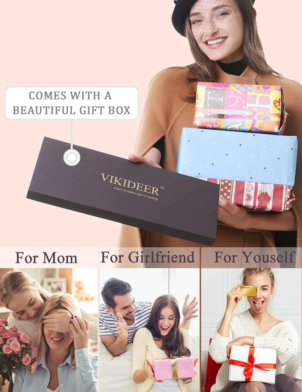VIKIDEER Long Genuine Leather Gloves for Women Full Touchscreen Winter Warm Lined Elegant Type