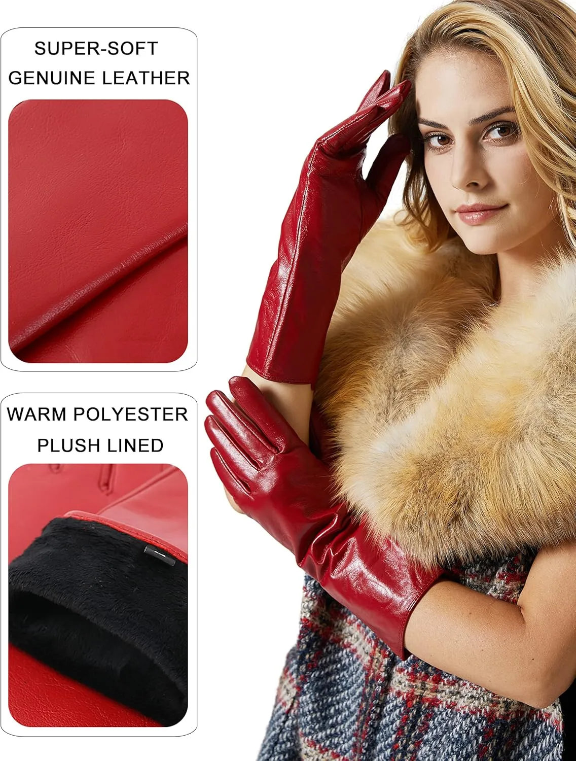 VIKIDEER Long Genuine Leather Gloves for Women Full Touchscreen Winter Warm Lined Elegant Type