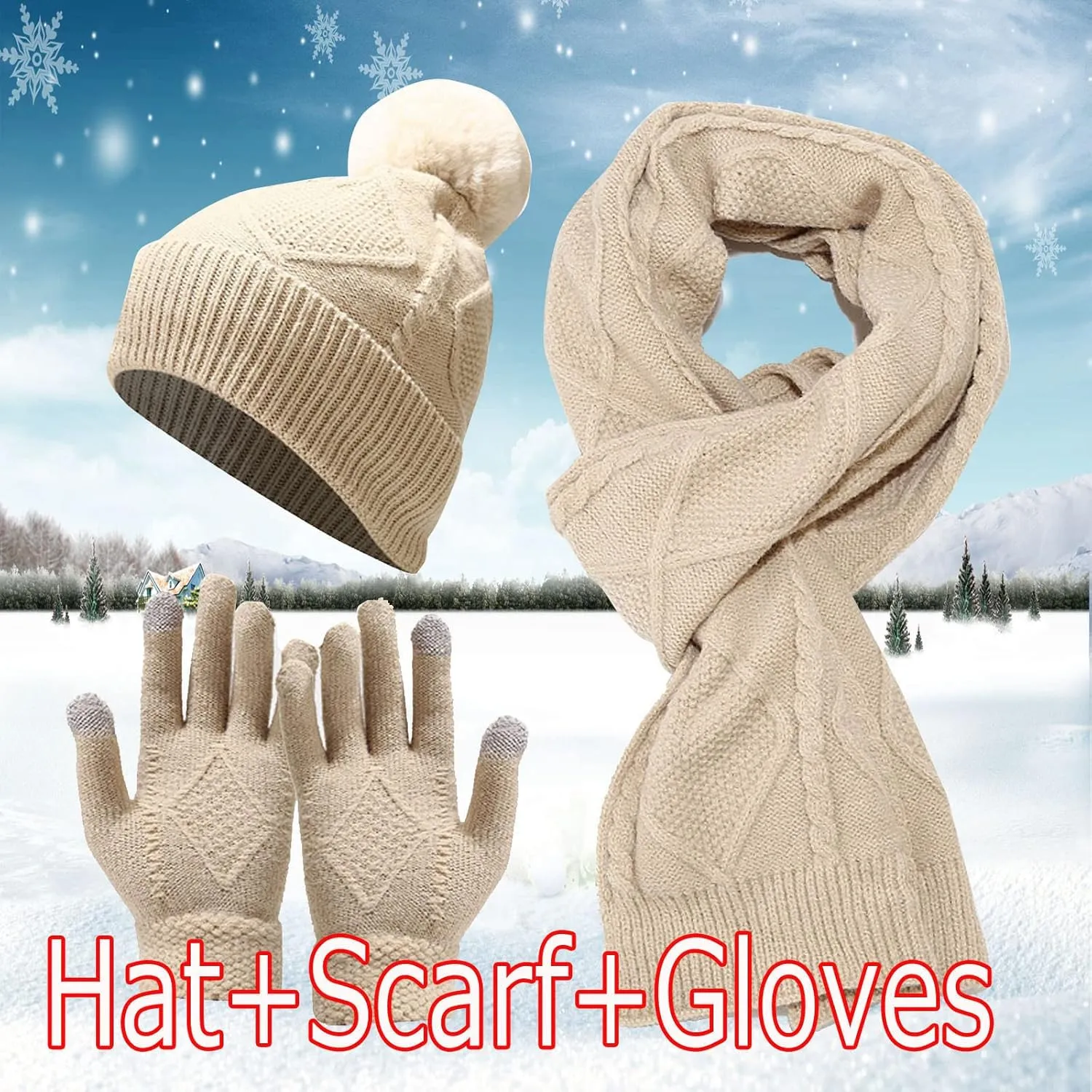 Women Mens Winter Hat Neck Scarf Touchscreen Gloves Slouchy Beanie Snow Warmer Knit Skull Cap Mittens Thick Scarves