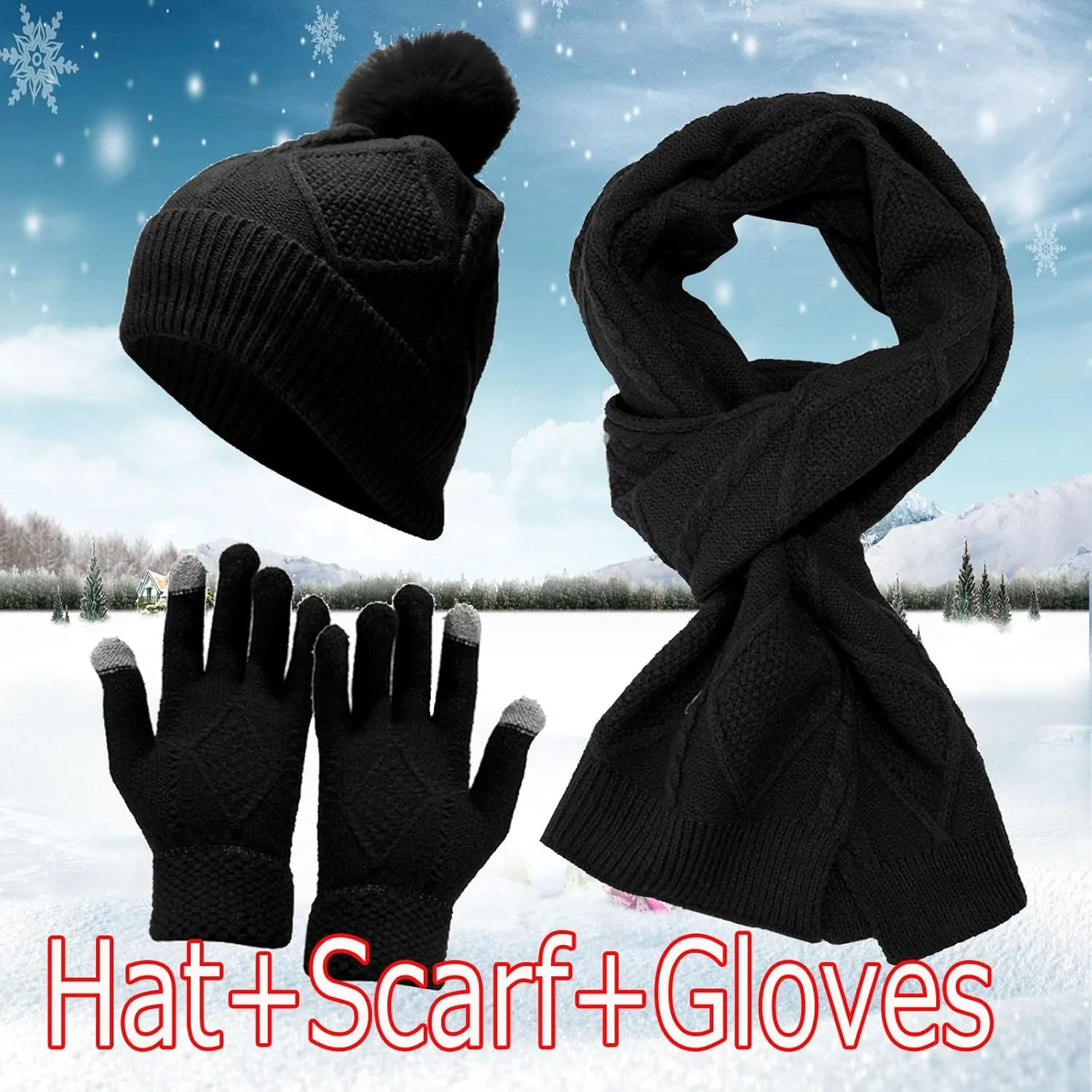 Women Mens Winter Hat Neck Scarf Touchscreen Gloves Slouchy Beanie Snow Warmer Knit Skull Cap Mittens Thick Scarves